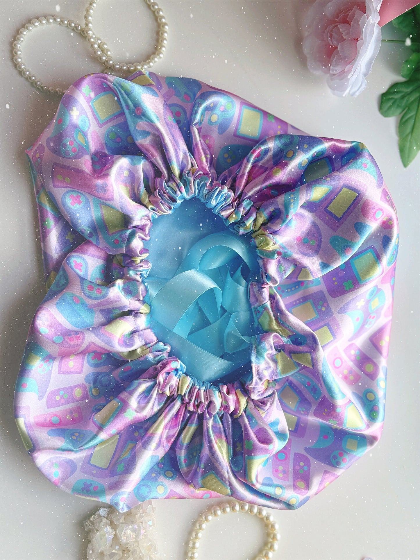 Satin Bonnet: Pastel Gamer with Baby Blue Lining, 1in Satin Ribbon and Elastic