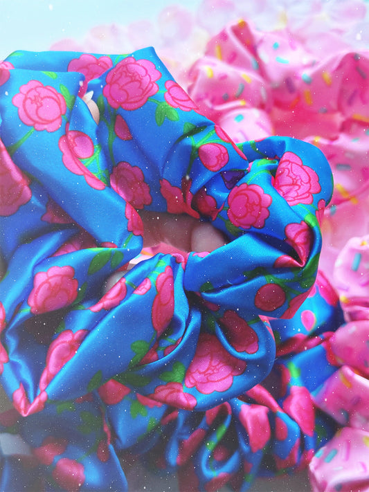 Satin Scrunchie: Blue with red/pink Anime Flowers