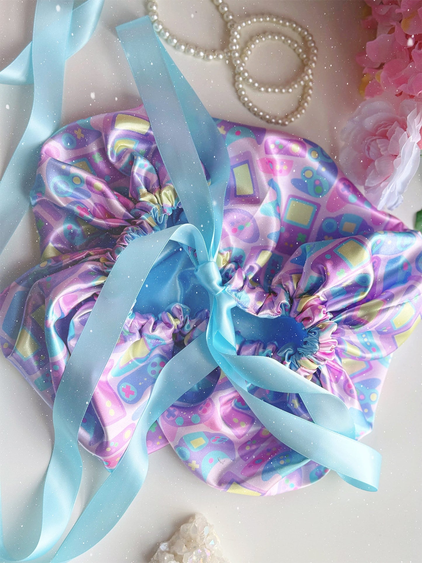 Satin Bonnet: Pastel Gamer with Baby Blue Lining, 1in Satin Ribbon and Elastic