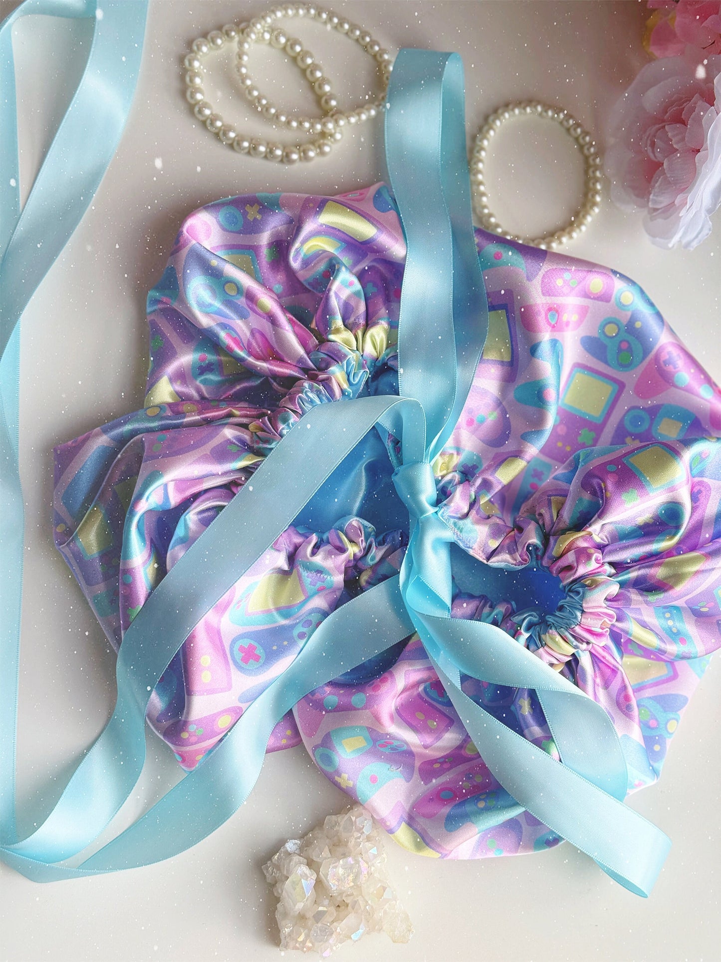 Satin Bonnet: Pastel Gamer with Baby Blue Lining, 1in Satin Ribbon and Elastic