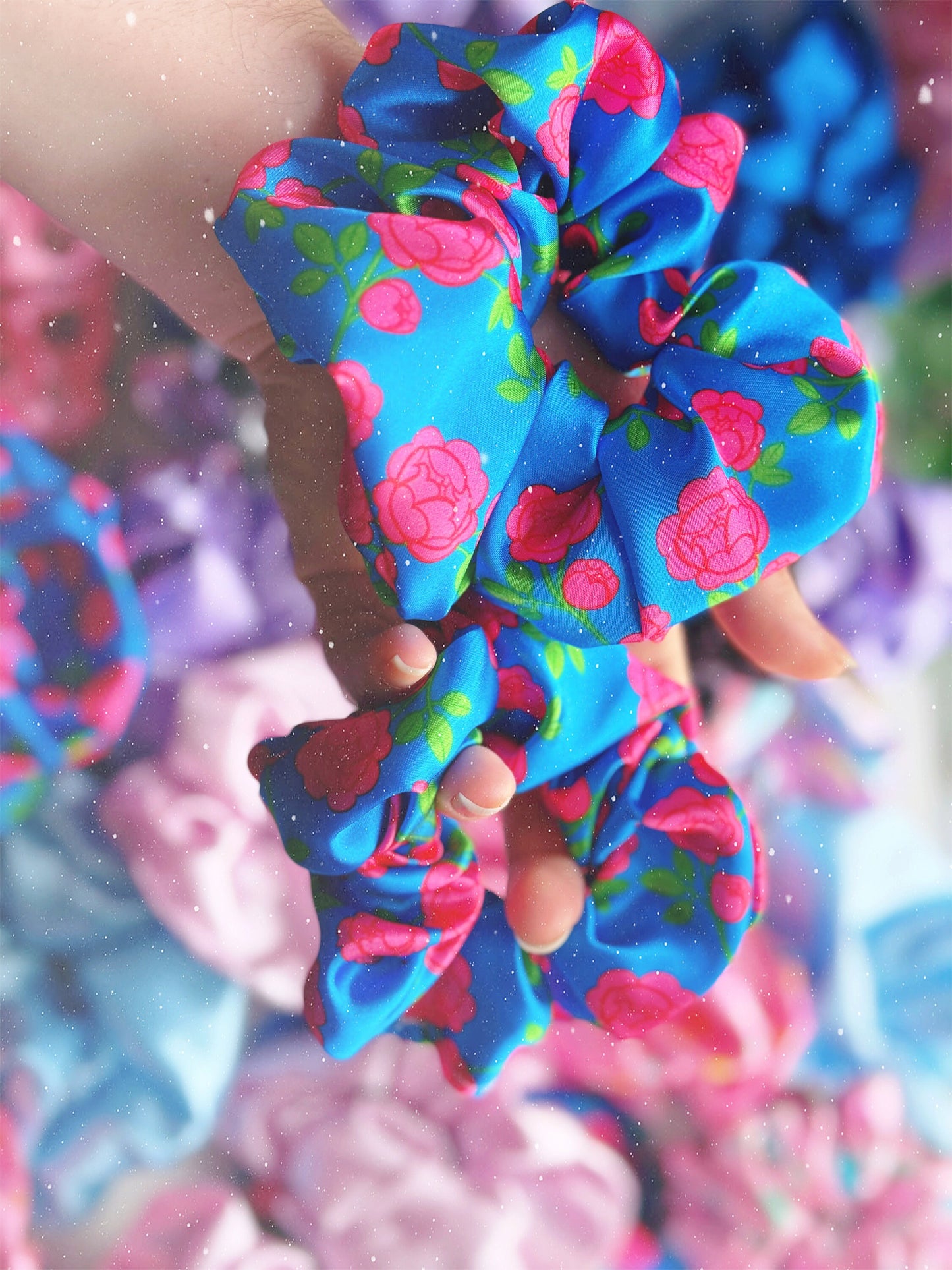 Satin Scrunchie: Blue with red/pink Anime Flowers