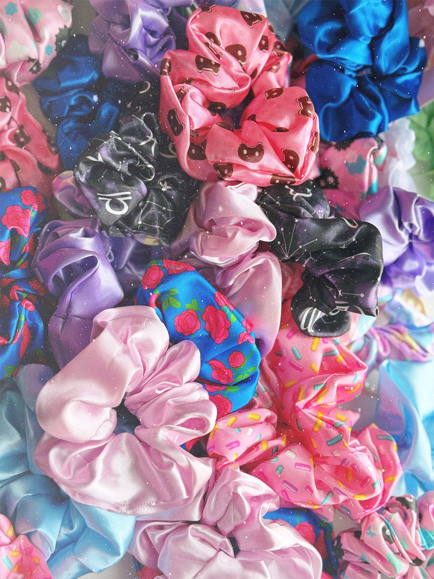 Satin Scrunchie: Blue with red/pink Anime Flowers