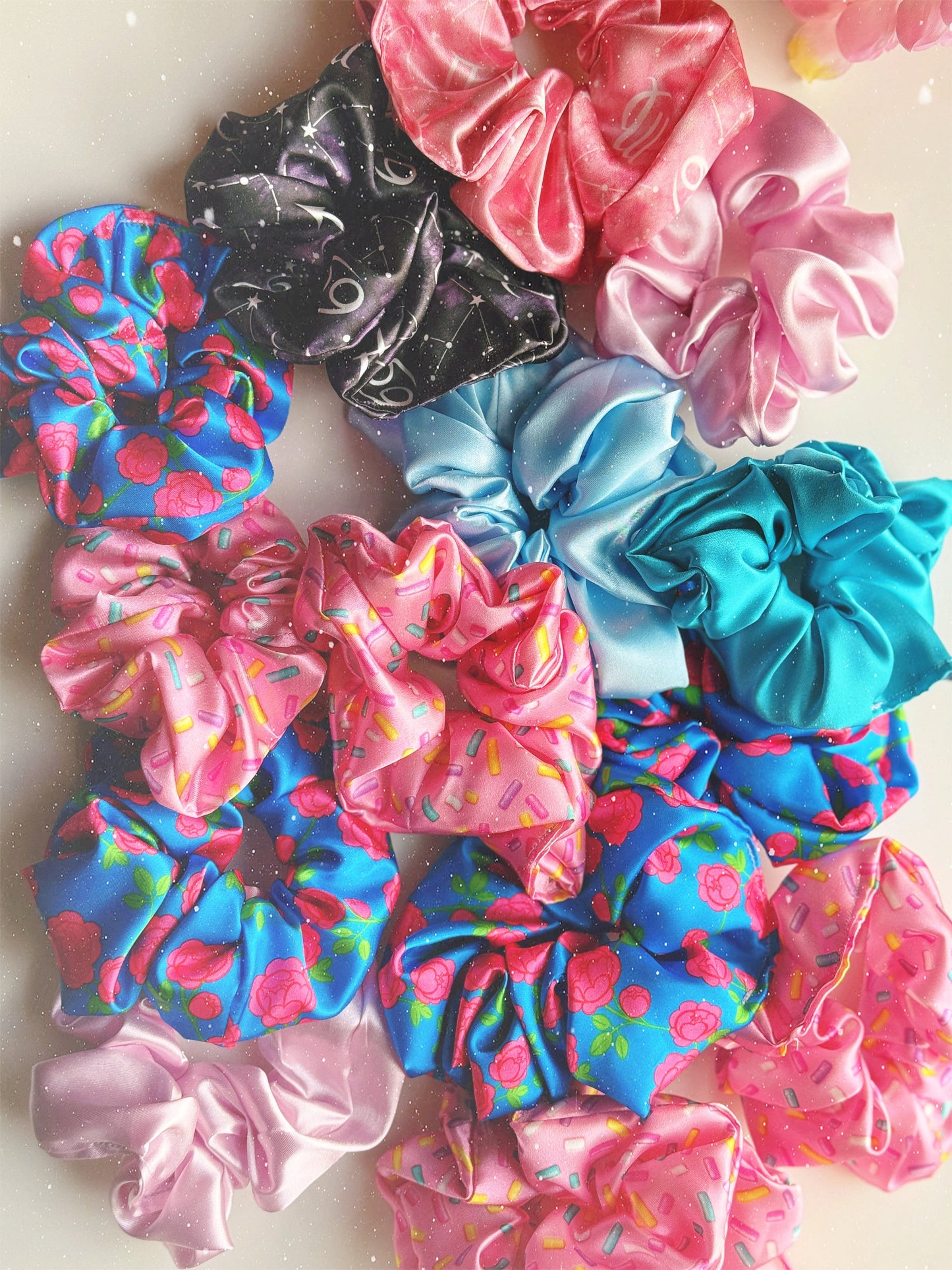 Satin Scrunchie: Blue with red/pink Anime Flowers