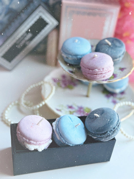 Macaron Tea Light Candle Set of 3: Rose + Leather, NagChampa, Black Raspberry Vanilla